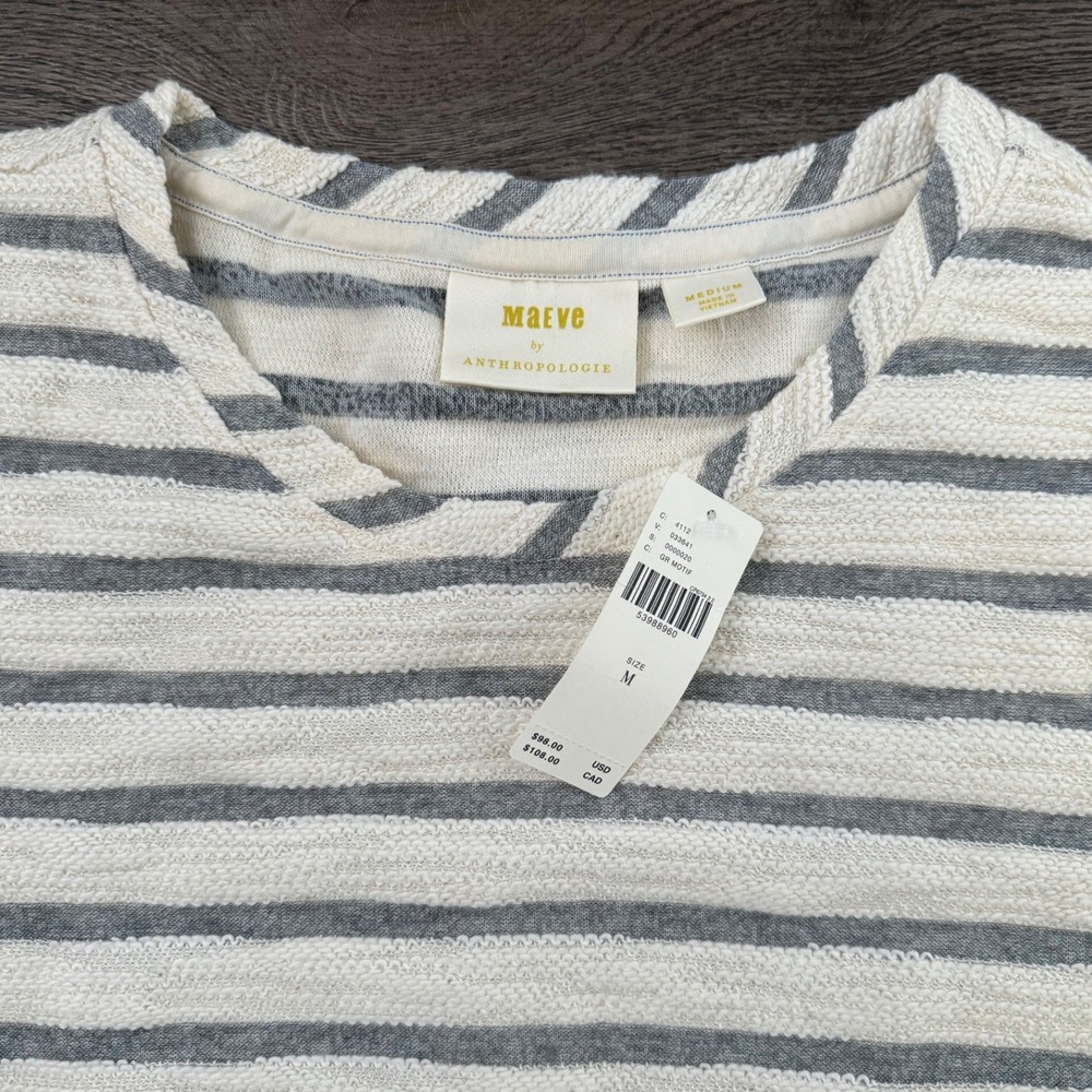 Anthropologie Maeve‎ Astor Fur-Trimmed Striped Pullover Sweater M White/Gray NWT - Picture 10 of 12
